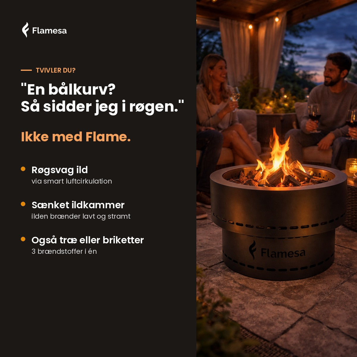Flamesa Flame: bålfad med ild på terrassen om aftenen
